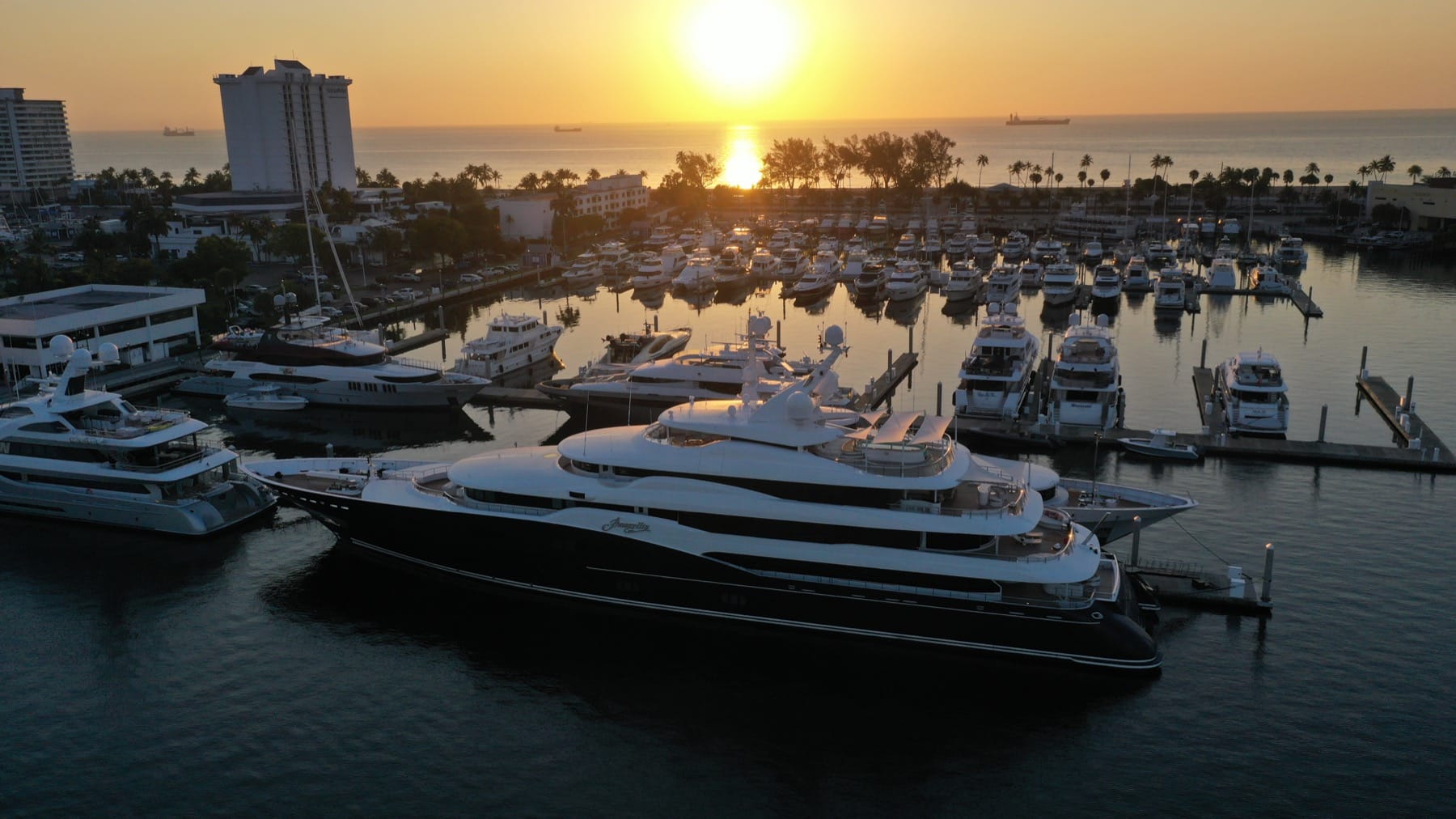 Fort Lauderdale marina berths at sunset from the air
