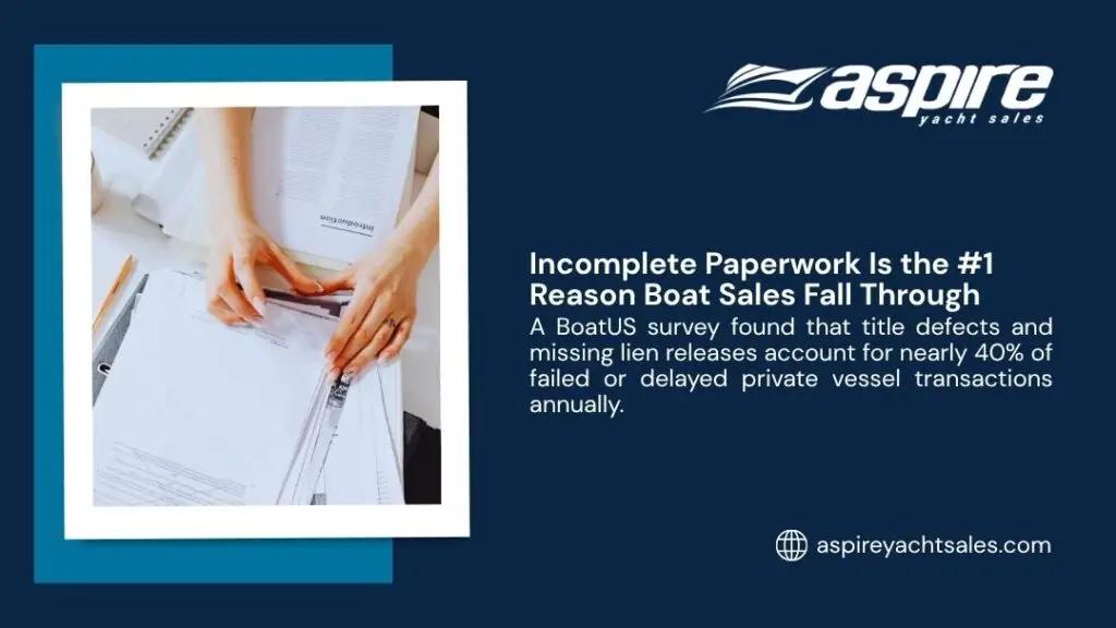 Person sorting through a stack of documents, illustrating how incomplete paperwork is the number one reason boat sales fall through.